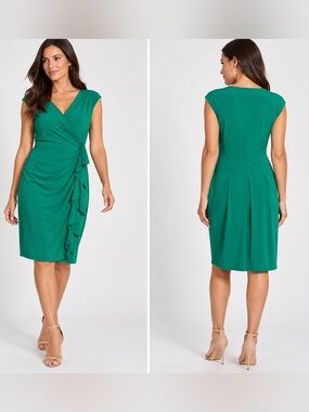 American Living Emerald Green Faux-Wrap Ruffle Midi Dress